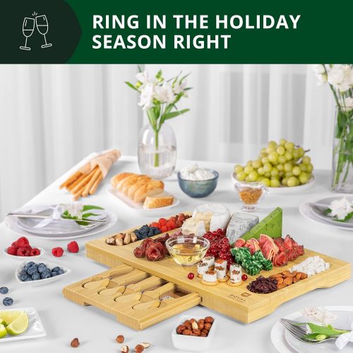  [아마존베스트]ROYAL CRAFT WOOD Unique Bamboo Cheese Board, Charcuterie Platter & Serving Tray Including 4 Stainless Steel Knife & Thick Wooden Server - Fancy House Warming Gift & Perfect Choice for Gourmets (Bam