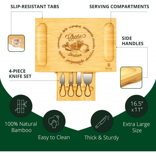  [아마존베스트]ROYAL CRAFT WOOD Unique Bamboo Cheese Board, Charcuterie Platter & Serving Tray Including 4 Stainless Steel Knife & Thick Wooden Server - Fancy House Warming Gift & Perfect Choice for Gourmets (Bam