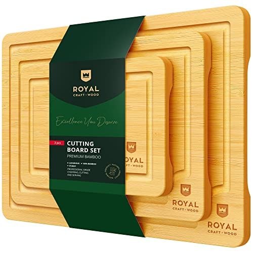  ROYAL CRAFT Wood Wood Cutting Board Set Bamboo Cutting Board with Juice Groove Kitchen Chopping Board for Meat (Butcher Block) Cheese and Vegetables Heavy Duty Serving Tray w/Handles (3 Pieces)