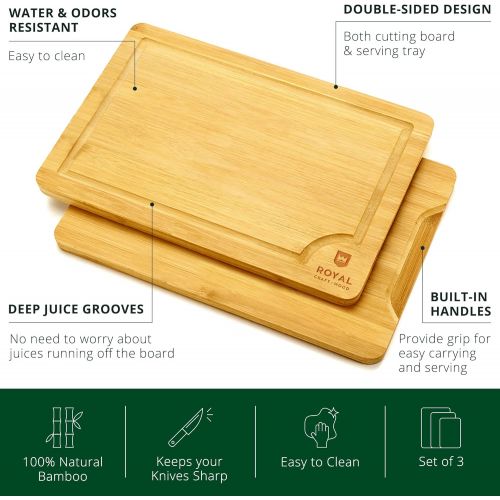  ROYAL CRAFT Wood Wood Cutting Board Set Bamboo Cutting Board with Juice Groove Kitchen Chopping Board for Meat (Butcher Block) Cheese and Vegetables Heavy Duty Serving Tray w/Handles (3 Pieces)