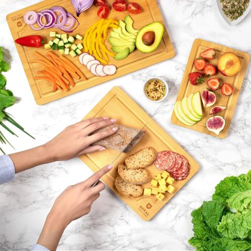  ROYAL CRAFT Wood Wood Cutting Board Set Bamboo Cutting Board with Juice Groove Kitchen Chopping Board for Meat (Butcher Block) Cheese and Vegetables Heavy Duty Serving Tray w/Handles (3 Pieces)