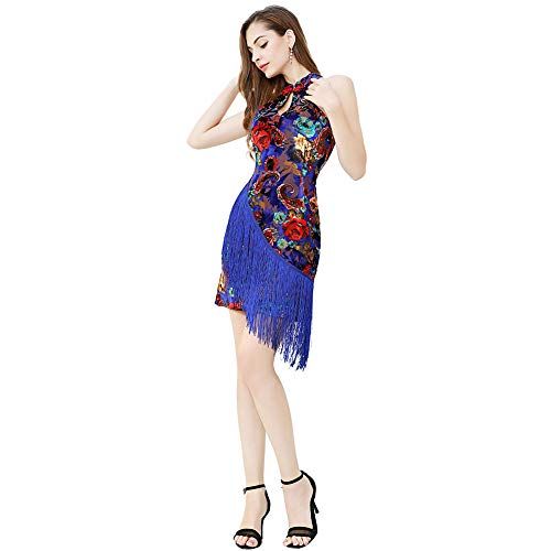  할로윈 용품ROYAL SMEELA Women Fringe Latin Dance Dress Flapper Party Dress Rumba Salsa Dress Ballroom Costumes Velvet Dancing Outfit