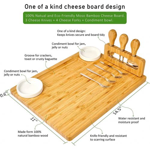  [아마존베스트]ROYAMY Bamboo Cheese Board Set with 3 Stainless Steel Knife, Meat Charcuterie Platter Serving Tray, Perfect Choice for Wedding Birthdays Christmas Anniversary Housewarming Kitchen