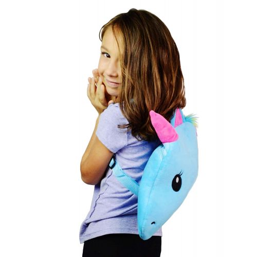  RPI Girls Unicorn Plush School Backpack, Colorful Animal Shaped Mini Back Pack Bag (Blue)