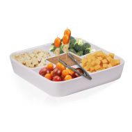 RPI Dish Durable White Ceramic Serving Platter with Serving Tong, Divided Serving Tray for Appetizers, Salad Bar with Bamboo Toothpick Holder