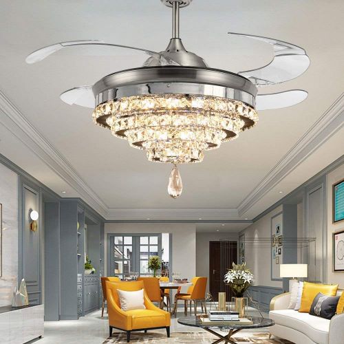  RS Lighting 42 Inches Crystal Invisible Ceiling Fan Light with 4 Acrylic Transparent Retracble Blades Modern Remote Control Chandelier with Fan for Indoor Living Room Bedroom