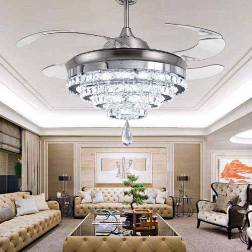  RS Lighting 42 Inches Crystal Invisible Ceiling Fan Light with 4 Acrylic Transparent Retracble Blades Modern Remote Control Chandelier with Fan for Indoor Living Room Bedroom