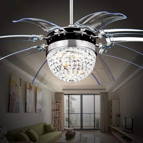  RS Lighting Modern Fashion 42-Inch Blades Ceiling Fan With Led Lights Transparent 8-Leaf Folding Chrome Fan Crystal Chandelier for Living Room Bedroom Ceiling Lamp Fixture (Chorme)