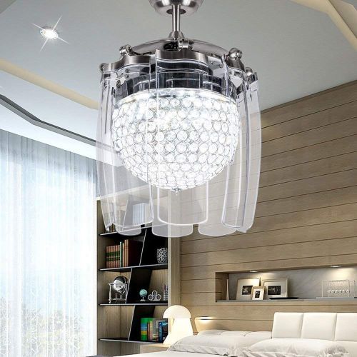  RS Lighting Modern Fashion 42-Inch Blades Ceiling Fan With Led Lights Transparent 8-Leaf Folding Chrome Fan Crystal Chandelier for Living Room Bedroom Ceiling Lamp Fixture (Chorme)