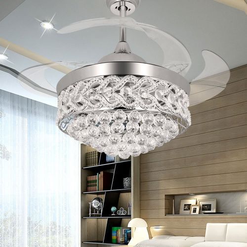  RS Lighting The Crystal Ceiling Fan for Room Decoration -42 inch Retractable Ceiling Fan Chandelier and Transparent Blade With Remote and Lights-for Indoor Outdoor Living Dining Ro