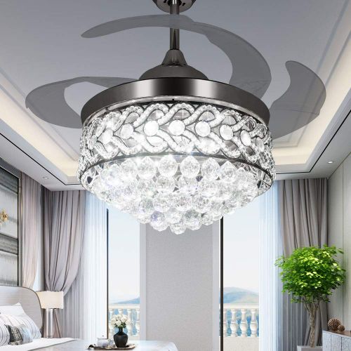  RS Lighting The Crystal Ceiling Fan for Room Decoration -42 inch Retractable Ceiling Fan Chandelier and Transparent Blade With Remote and Lights-for Indoor Outdoor Living Dining Ro