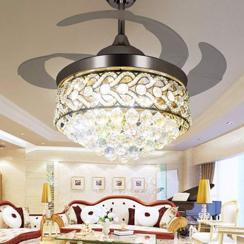  RS Lighting The Crystal Ceiling Fan for Room Decoration -42 inch Retractable Ceiling Fan Chandelier and Transparent Blade With Remote and Lights-for Indoor Outdoor Living Dining Ro
