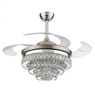 RS Lighting European Crystal Ceiling Fan Light Kit-42 inch with Retractable Four Blades and Remote Control Silent Fan Chandelier for Indoor Living Bedroom-Chrome