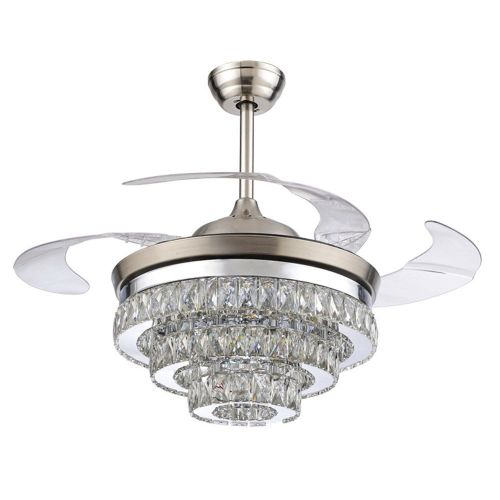  RS Lighting European Crystal Ceiling Fan Light Kit-42 inch with Retractable Four Blades and Remote Control Silent Fan Chandelier for Indoor Living Bedroom-Chrome