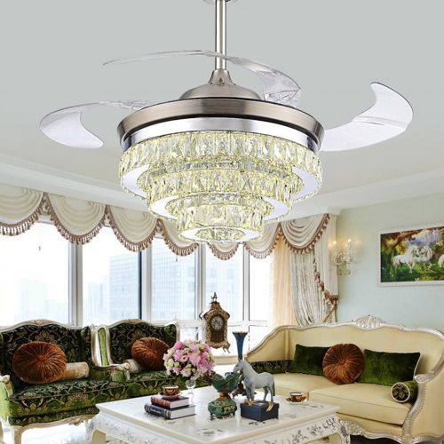  RS Lighting European Crystal Ceiling Fan Light Kit-42 inch with Retractable Four Blades and Remote Control Silent Fan Chandelier for Indoor Living Bedroom-Chrome