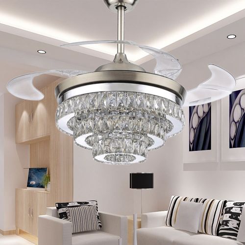  RS Lighting European Crystal Ceiling Fan Light Kit-42 inch with Retractable Four Blades and Remote Control Silent Fan Chandelier for Indoor Living Bedroom-Chrome