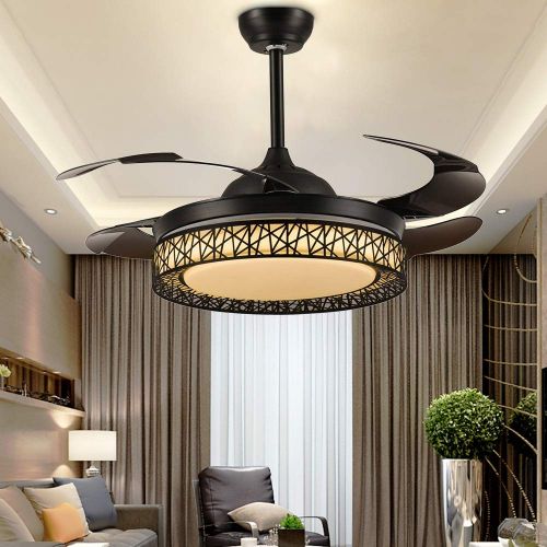  RS Lighting 42 Inch Black Birds Nest Shade Ceiling Fan with 4 Invisible Blades Remote Switch Rural Chandelier with Fan for Indoor Living Room Bedroom American Fan Lights Fixture (B