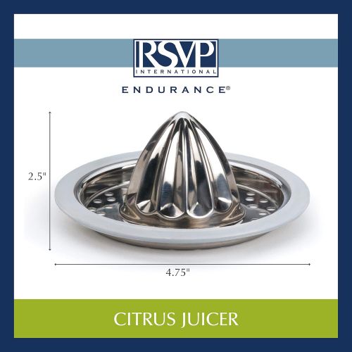  RSVP International Endurance (JUC-PYX) Manual Hand Citrus Juicer Squeezer, Stainless Steel, 4.75 Inch Dia. | Use w/ Pyrex Cups, Bowls | For Oranges, Grapefruits, Lemons | Dishwashe