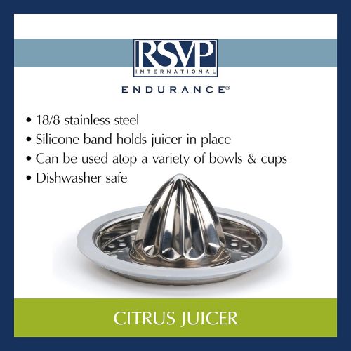  RSVP International Endurance (JUC-PYX) Manual Hand Citrus Juicer Squeezer, Stainless Steel, 4.75 Inch Dia. | Use w/ Pyrex Cups, Bowls | For Oranges, Grapefruits, Lemons | Dishwashe