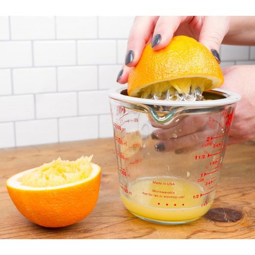  RSVP International Endurance (JUC-PYX) Manual Hand Citrus Juicer Squeezer, Stainless Steel, 4.75 Inch Dia. | Use w/ Pyrex Cups, Bowls | For Oranges, Grapefruits, Lemons | Dishwashe