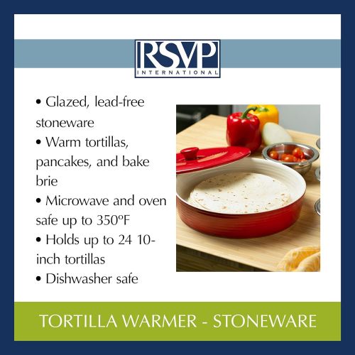  RSVP International (MAIZ-10R) Red Stoneware Tortilla Warmer & Server, 10 | Lead Free | Warm Tortillas, Pancakes & More | Holds 24 10 Tortillas | Dishwasher, Microwave & Oven Safe: