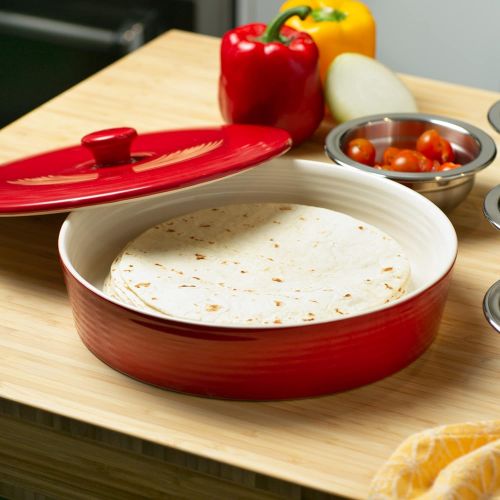  RSVP International (MAIZ-10R) Red Stoneware Tortilla Warmer & Server, 10 | Lead Free | Warm Tortillas, Pancakes & More | Holds 24 10 Tortillas | Dishwasher, Microwave & Oven Safe: