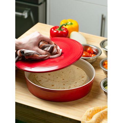  RSVP International (MAIZ-10R) Red Stoneware Tortilla Warmer & Server, 10 | Lead Free | Warm Tortillas, Pancakes & More | Holds 24 10 Tortillas | Dishwasher, Microwave & Oven Safe: