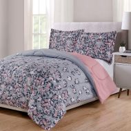 RT HNU 3 Piece Grey Pink Queen Comforter Set,Floral Bed Comforter Set,Beautiful Pretty Girls Casual Bedding Decorative Soft Cozy Modern Contemporary Elegant All Over Flowers Printed Q