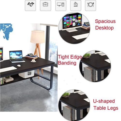  RTYou Table Computer Writing Desk with Bookshelf Modern Simple Style Study Game Rectangular Table Workstation for Home Office Furniture Black 140 x 70 x 73 cm【Ship from USA 】