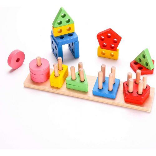  RUIDELI Wooden Educational Geometric Toys, Preschool Learning Shape Color Recognition Geometric Stacking Blocks, Toddler Geometric Sorting Board Blocks