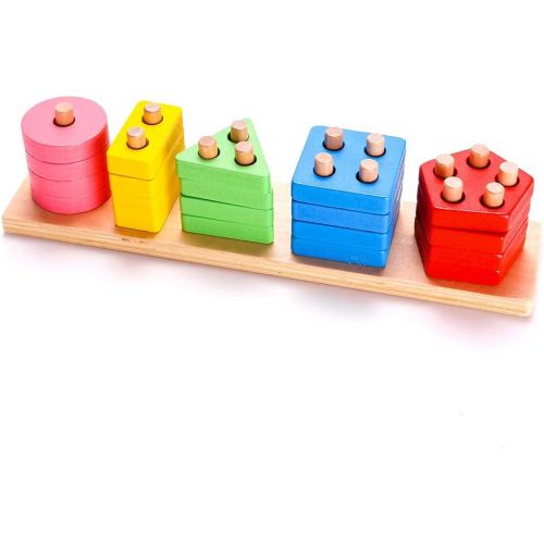  RUIDELI Wooden Educational Geometric Toys, Preschool Learning Shape Color Recognition Geometric Stacking Blocks, Toddler Geometric Sorting Board Blocks