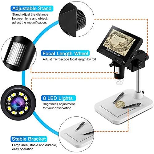  [아마존베스트]RUIZHI 4.3 inch LCD digital USB microscope endoscope recording 1000x magnification zoom, 8 adjustable LED light, micro SD memory, camera video recorder for repairing soldering.