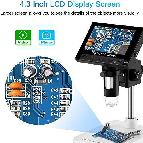  [아마존베스트]RUIZHI 4.3 inch LCD digital USB microscope endoscope recording 1000x magnification zoom, 8 adjustable LED light, micro SD memory, camera video recorder for repairing soldering.