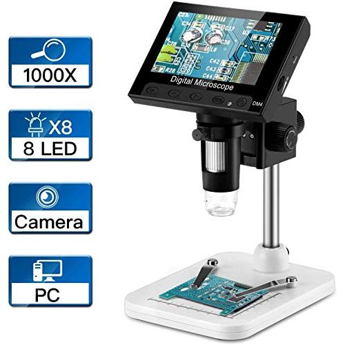  [아마존베스트]RUIZHI 4.3 inch LCD digital USB microscope endoscope recording 1000x magnification zoom, 8 adjustable LED light, micro SD memory, camera video recorder for repairing soldering.