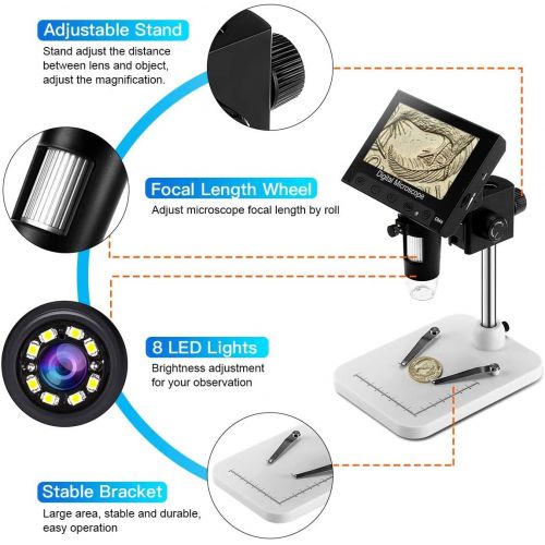  [아마존베스트]RUIZHI 4.3 inch LCD digital USB microscope endoscope recording 1000x magnification zoom, 8 adjustable LED light, micro SD memory, camera video recorder for repairing soldering.