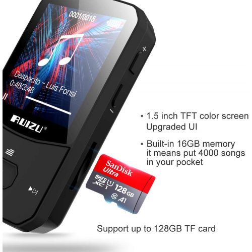  [아마존 핫딜]  [아마존핫딜]RUIZU Clip Mp3 Player with Bluetooth 4.1 8GB Lossless Sound Music Palyer with FM Radio Voice Recorder Video Earphones for Running,Support up to 128GB(Black)