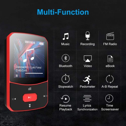  [아마존 핫딜] [아마존핫딜]RUIZU Clip Mp3 Player with Bluetooth 4.1 8GB Lossless Sound Music Player with FM Radio Voice Recorder Video Earphones for Running, Support up to 128GB(Red)