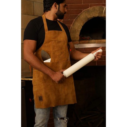  RUSTIC TOWN Genuine Leather Grill Work Apron with Tool Pockets ~ Adjustable up to XXL for Men & Women ~ Shop Apron Leather Tool Apron (Tan)