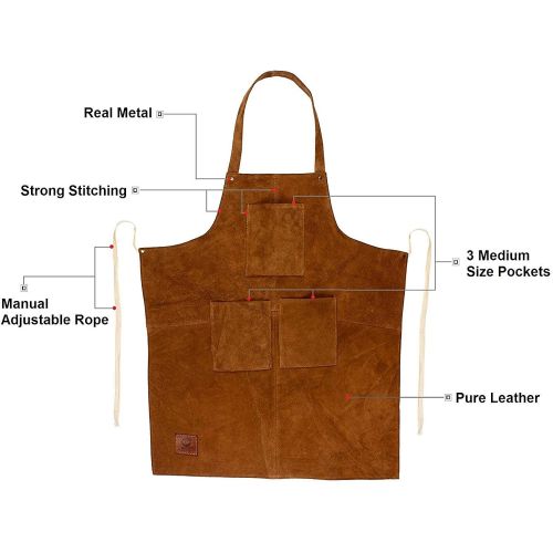  RUSTIC TOWN Genuine Leather Grill Work Apron with Tool Pockets ~ Adjustable up to XXL for Men & Women ~ Shop Apron Leather Tool Apron (Tan)