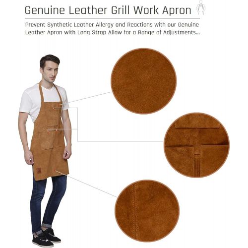  RUSTIC TOWN Genuine Leather Grill Work Apron with Tool Pockets ~ Adjustable up to XXL for Men & Women ~ Shop Apron Leather Tool Apron (Tan)