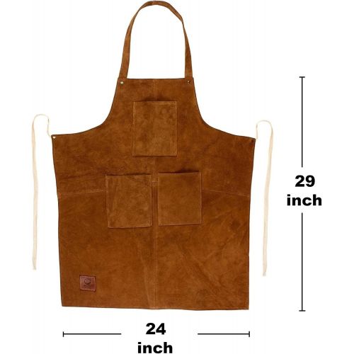  RUSTIC TOWN Genuine Leather Grill Work Apron with Tool Pockets ~ Adjustable up to XXL for Men & Women ~ Shop Apron Leather Tool Apron (Tan)