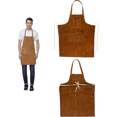  RUSTIC TOWN Genuine Leather Grill Work Apron with Tool Pockets ~ Adjustable up to XXL for Men & Women ~ Shop Apron Leather Tool Apron (Tan)