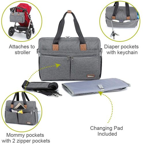  [아마존핫딜][아마존 핫딜] Diaper Bag, RUVALINO Large Travel Diaper Tote Multifunction for Mom and Dad Convertible Baby Bag for Boys and Girls with Changing Pad, Insulated Pockets (Gray)
