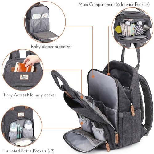  Diaper Bag Backpack, RUVALINO Multifunction Travel Back Pack Maternity Baby Changing Bags, Large Capacity, Waterproof and Stylish, Dark Gray