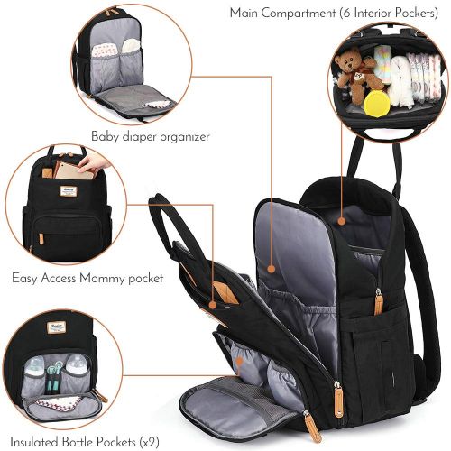  Diaper Bag Backpack, RUVALINO Multifunction Travel Back Pack Maternity Baby Changing Bags, Large Capacity, Waterproof and Stylish, Black