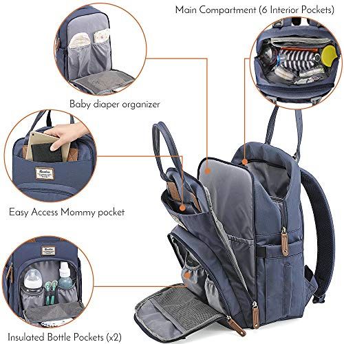  Diaper Bag Backpack, RUVALINO Multifunction Travel Back Pack Maternity Baby Changing Bags, Large Capacity, Waterproof and Stylish, Navy Blue