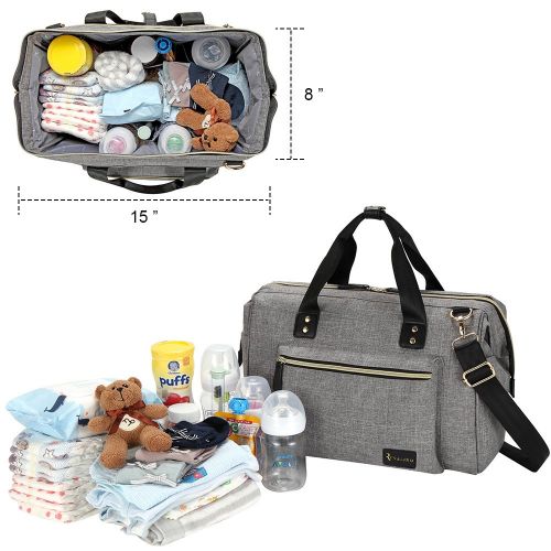  Diaper Bag, RUVALINO Large Diaper Tote Stylish for Mom and Dad Convertible Travel Baby Bag for Boys and Girls with Changing Pad, Insulated Pockets (Grey)