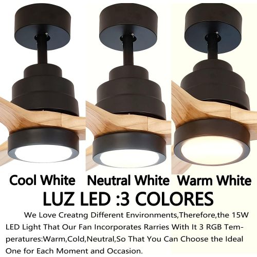  RUXUHSNDQ Iron Ceiling Fan, With Light, With Remote Control, 3 Color Temperature LED Lights, 6-Speed Scheduling, Timing, 3 Wooden Blades, Diameter 132 cm, 40 W DC Silent Motor (Woo