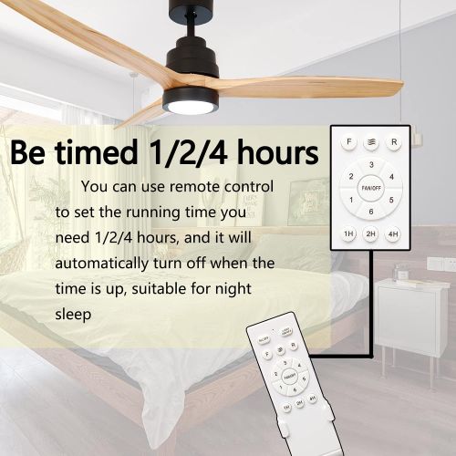  RUXUHSNDQ Iron Ceiling Fan, With Light, With Remote Control, 3 Color Temperature LED Lights, 6-Speed Scheduling, Timing, 3 Wooden Blades, Diameter 132 cm, 40 W DC Silent Motor (Woo