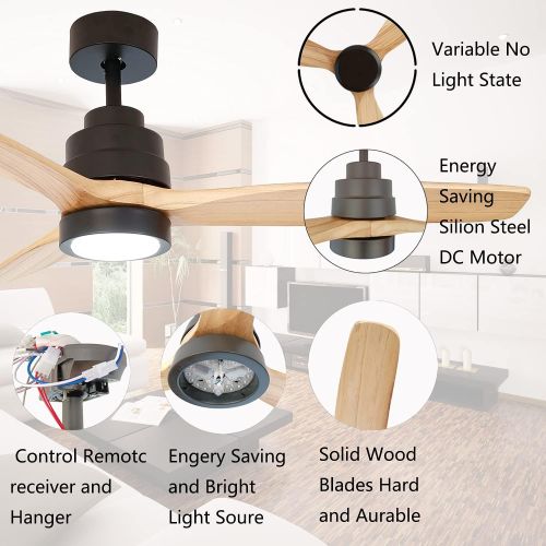  RUXUHSNDQ Iron Ceiling Fan, With Light, With Remote Control, 3 Color Temperature LED Lights, 6-Speed Scheduling, Timing, 3 Wooden Blades, Diameter 132 cm, 40 W DC Silent Motor (Woo